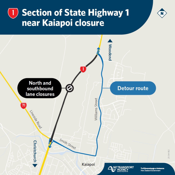 Map showing State Highway 1 closure near Kaiapoi, highlighting north and southbound lane closures. A detour route via Williams Street is marked in blue.