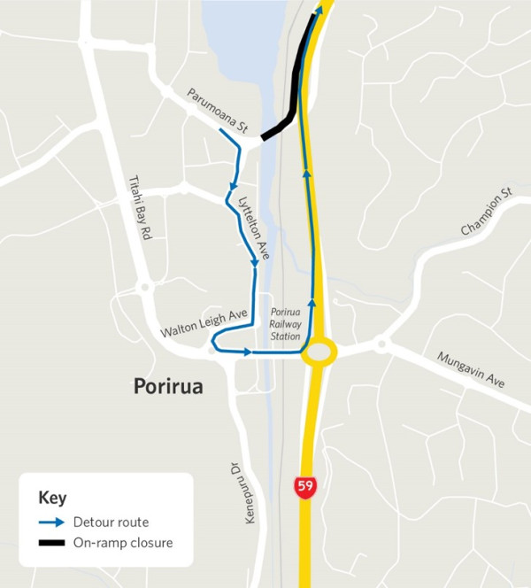 Map of Porirua showing detour route in blue via Lyttelton Ave and Parumoana St due to on-ramp closure on Highway 59, marked in black.