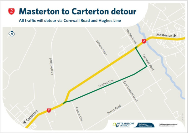 Map showing a detour from Masterton to Carterton via Cornwall Road and Hughes Line. Yellow route indicates the detour; roads labeled for clarity.