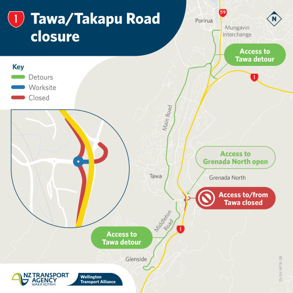 Map showing Tawa/Takapu Road closure, marked in red. Green and yellow lines indicate detour routes. Access to Grenada North is open.