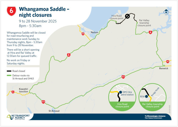 Map showing Whangamoa Saddle night road closures from November 9-28, 2025, 8pm-5:30am. Includes detour routes and closure points at Hira and Rai Valley.